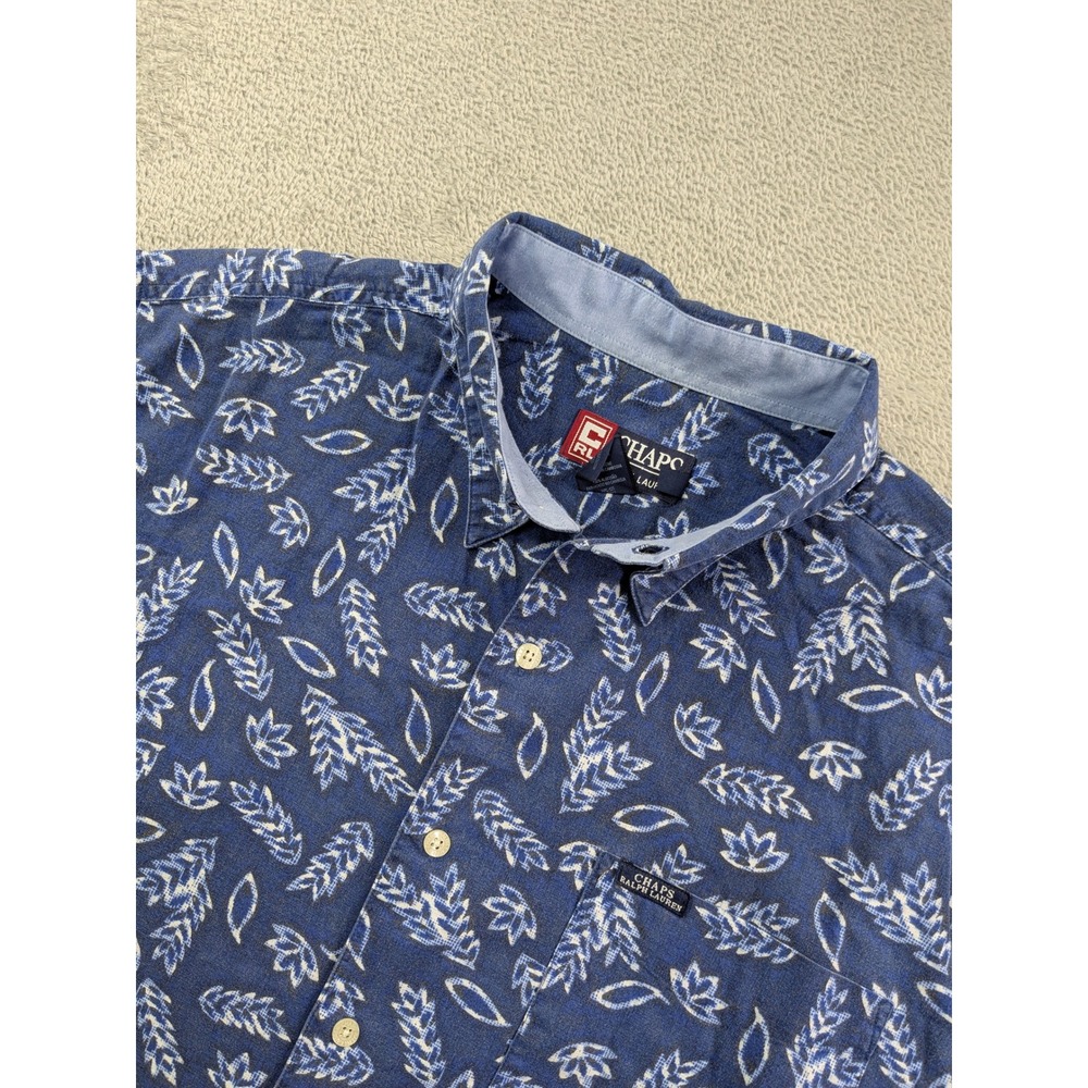 Chaps Ralph Lauren Mens Large Blue White Leaf Print Cotton Short Sleeve Shirt